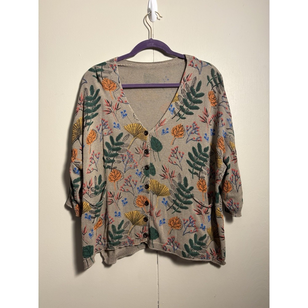 Buykud Size XL Short Sleeve Cardigan Sweater Brown Multicolor Floral Knit